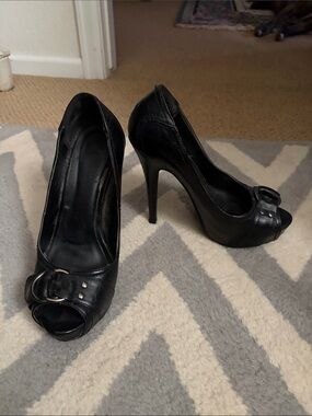 Paprika Black Peep-Toe Platform Stiletto Heels